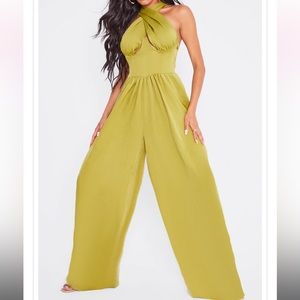 PrettyLittleThing | Olive Cross Neck Under Bust Wide Leg Jumpsuit | Size: 10/12